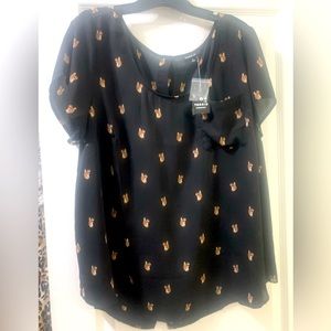 Torrid Top NWT Adorable Blouse Black w/Squirrel Print So Cute Womans Plus size 2